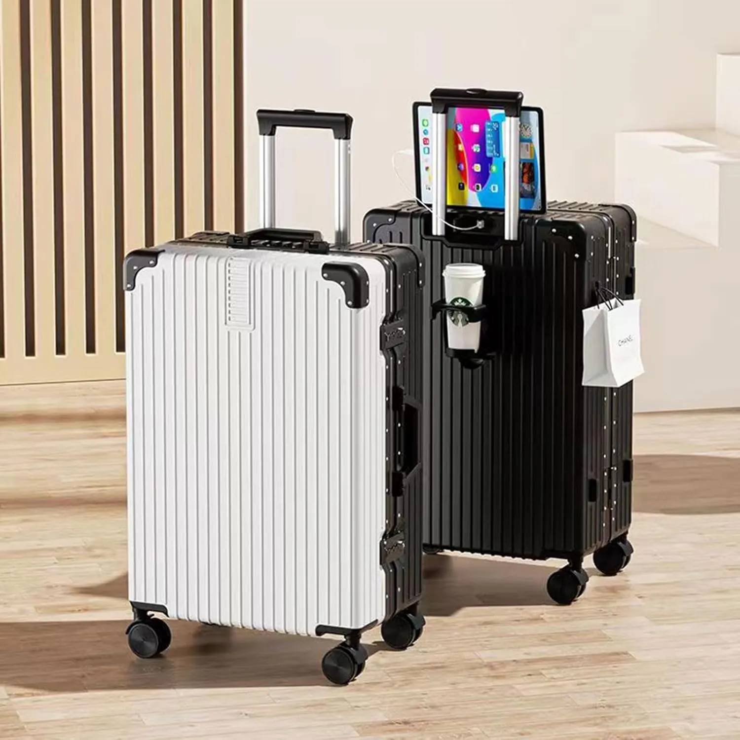 Luggage With Cup Holder, Space Separation Design, Hard Shell Trolley Case, Dustproof And Waterproof, For Going On A Trip, Learn (Color : 22 Rack, Size : Black White)