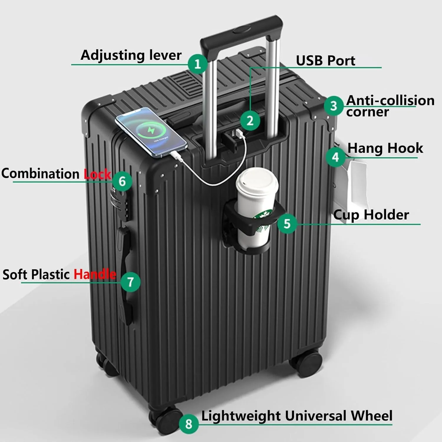 Luggage With Cup Holder, Space Separation Design, Hard Shell Trolley Case, Dustproof And Waterproof, For Going On A Trip, Learn (Color : 22 Rack, Size : Black White)
