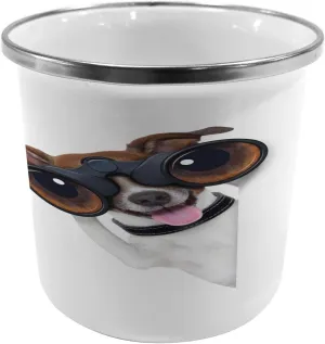 Lunarable Funny Metal Camping Cup, Binoculars Dog Searching Looking Science Puppy Career Vision Success Comic Picture, Stainless Steel Mug for Indoor and Outdoor Activities, Brown White