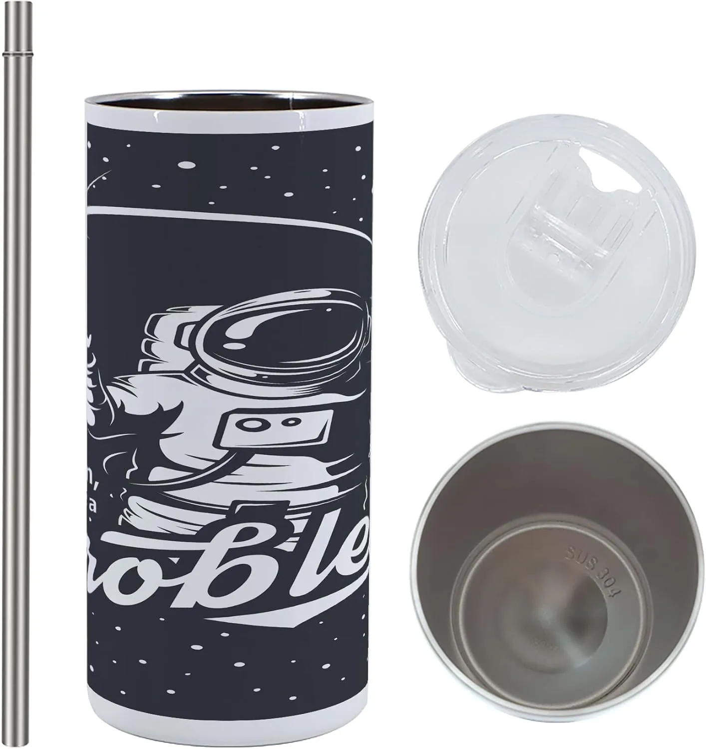 Lunarable Outer Space 12 Oz Skinny Tumbler, Space Themed Art with Houston We Have a Problem Message Illustration, Vacuum Insulated Travel Canteen Cup Leakproof for Travel Picnic, Charcoal Grey White