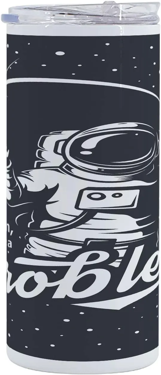 Lunarable Outer Space 12 Oz Skinny Tumbler, Space Themed Art with Houston We Have a Problem Message Illustration, Vacuum Insulated Travel Canteen Cup Leakproof for Travel Picnic, Charcoal Grey White