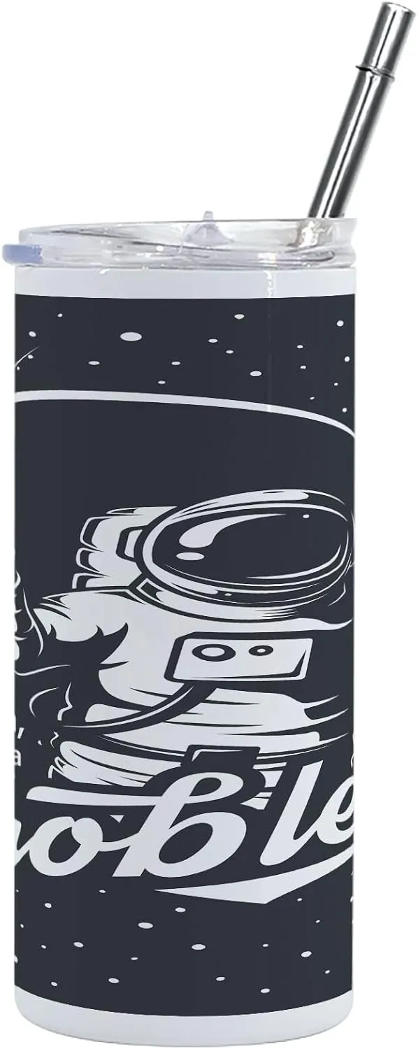 Lunarable Outer Space 12 Oz Skinny Tumbler, Space Themed Art with Houston We Have a Problem Message Illustration, Vacuum Insulated Travel Canteen Cup Leakproof for Travel Picnic, Charcoal Grey White
