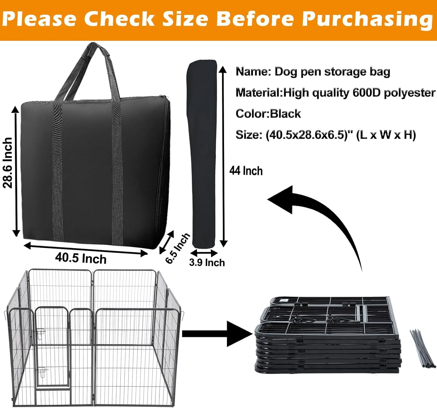 LWFCOEE Dog Playpen Storage Bag, 24/32/40 Inch Waterproof Heavy Duty Dog Fence Travel Bag with Handle for RV Trip, Fits 8 Panels Dog Pen and 9 Stakes, 40.5"x28.6"x6.5"