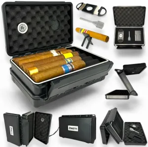 M. A. C.®️ Double-Sided Humidor Cigar Box Holds Cigars with Separate Compartment for Cutter, Cigar Stand & Pump, Portable Cigar Case with Hygrometer and resilience for worry-free travel