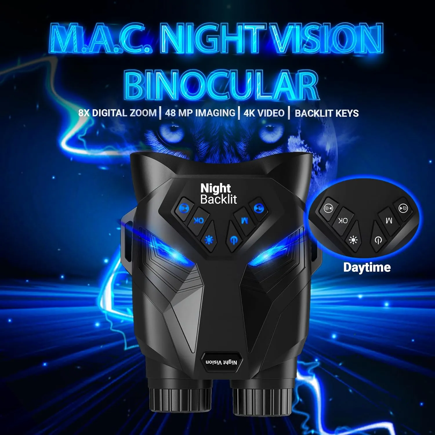 M.A.C. Night Vision Goggles 4K Night Vision Binoculars with 8x Digital Zoom, 7 IR Infrared, 4000mAh Rechargeable Batteries, 32 GB SD Card and 3.2” HD Screen for Outdoor Adventures & Security Use