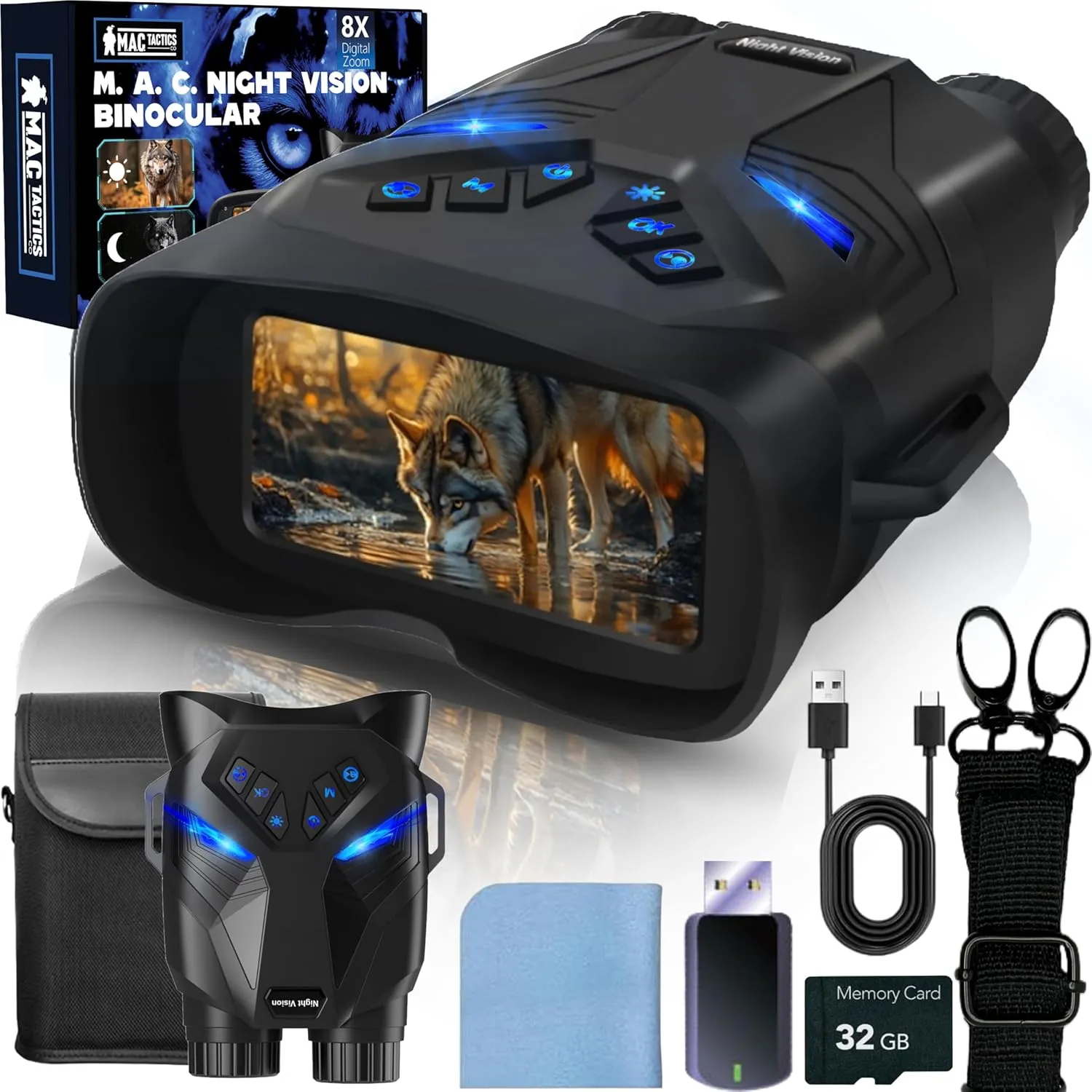 M.A.C. Night Vision Goggles 4K Night Vision Binoculars with 8x Digital Zoom, 7 IR Infrared, 4000mAh Rechargeable Batteries, 32 GB SD Card and 3.2” HD Screen for Outdoor Adventures & Security Use