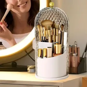 Makeup Brush Holder with Lid，Makeup Brush Storage Box with Diamond Pattern，360 Rotating Waterproof and Dustproof Beauty Brushes Storage for Vanity Bathroom,White