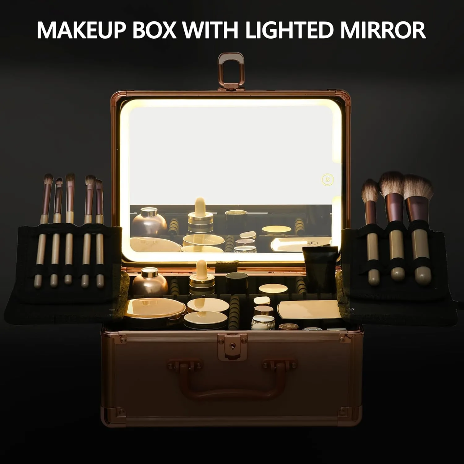 Makeup Case with Lighted Mirror, Makeup Box Organizer with Detachable LED Mirror, Travel Makeup Train Case, Waterproof Cosmetic Organizer, Standing Brush Holder, Gift, Rose Gold