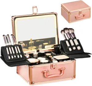 Makeup Case with Lighted Mirror, Makeup Box Organizer with Detachable LED Mirror, Travel Makeup Train Case, Waterproof Cosmetic Organizer, Standing Brush Holder, Gift, Rose Gold