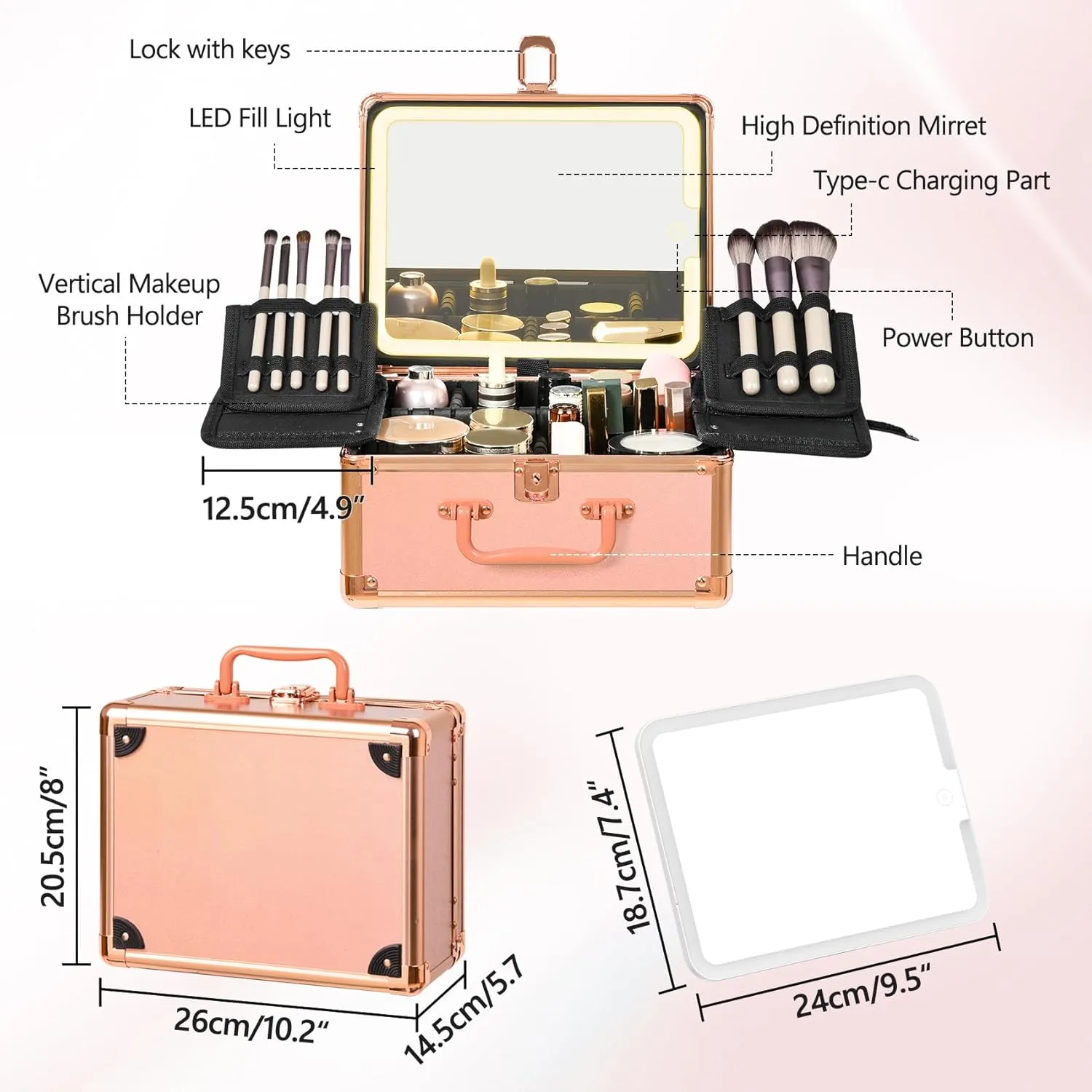 Makeup Case with Lighted Mirror, Makeup Box Organizer with Detachable LED Mirror, Travel Makeup Train Case, Waterproof Cosmetic Organizer, Standing Brush Holder, Gift, Rose Gold
