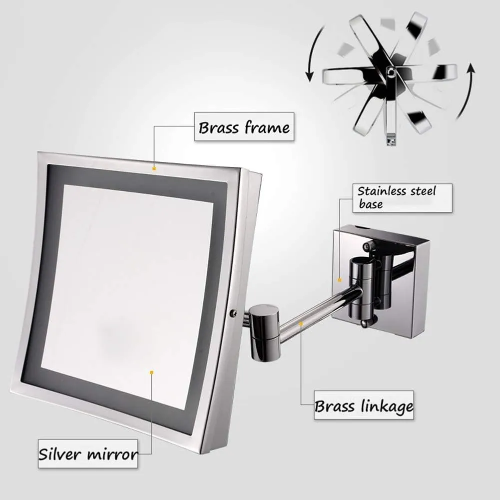 Makeup Mirror Bathroom Stainless Steel Brushed Foldable Telescopic 360 Degree Rotation 3X Magnifying Square HD Mirror(Warm Light)