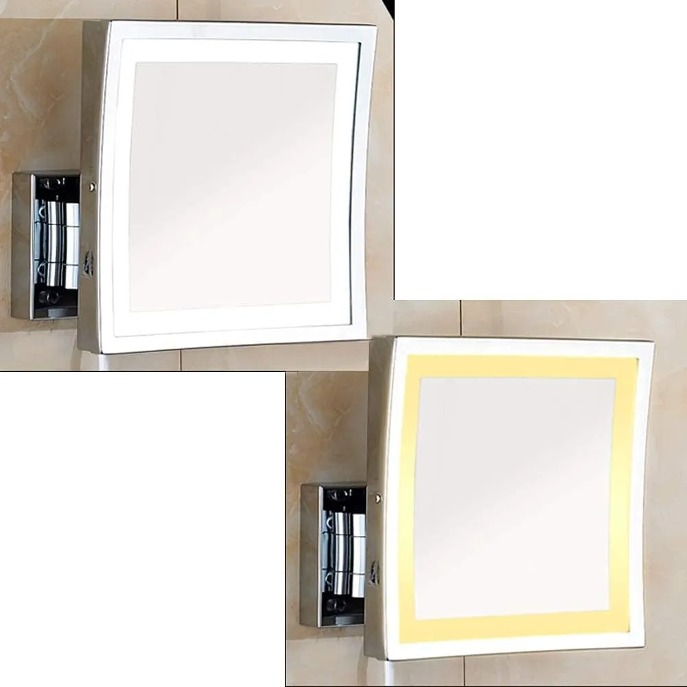 Makeup Mirror Bathroom Stainless Steel Brushed Foldable Telescopic 360 Degree Rotation 3X Magnifying Square HD Mirror(Warm Light)