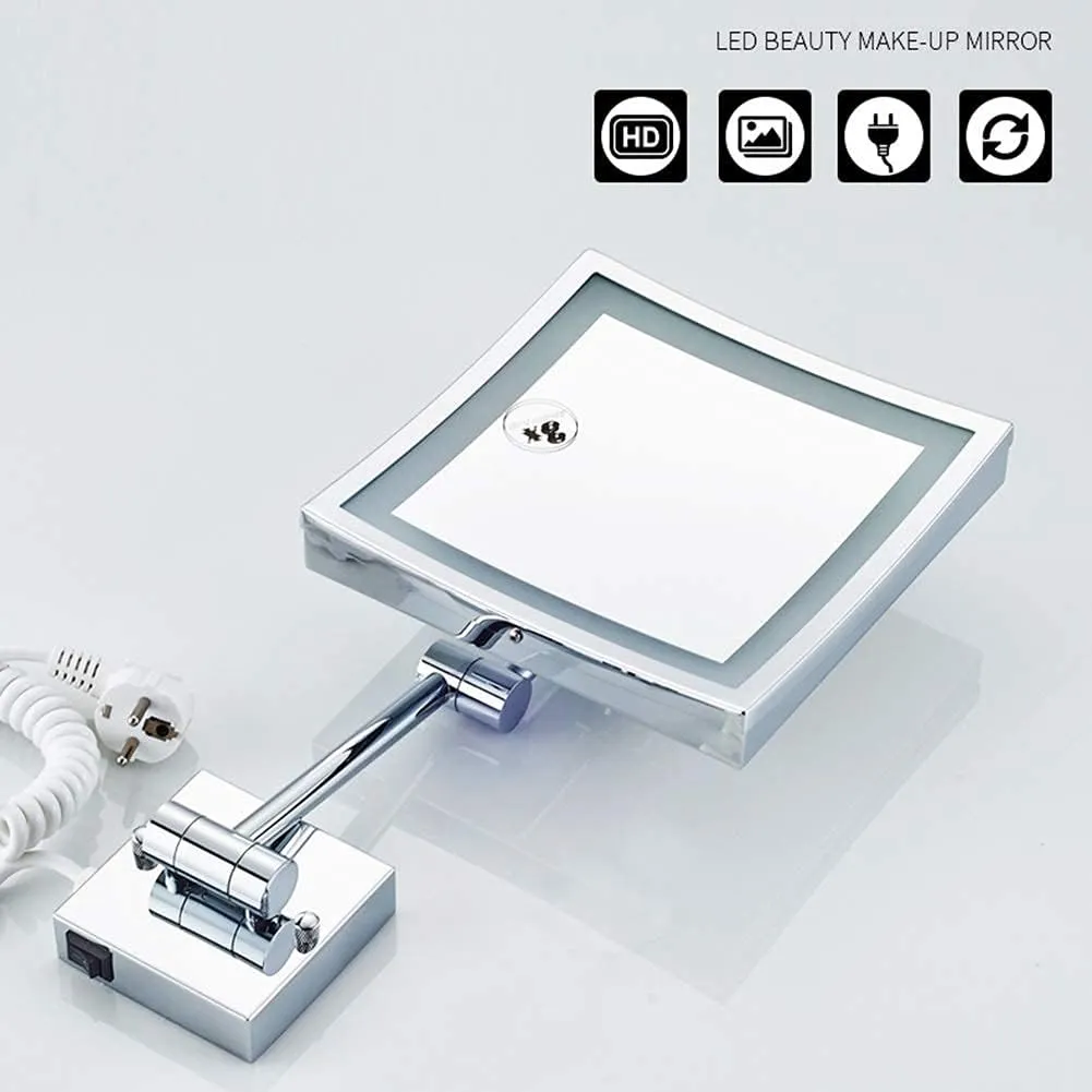 Makeup Mirror Bathroom Stainless Steel Brushed Foldable Telescopic 360 Degree Rotation 3X Magnifying Square HD Mirror(Warm Light)