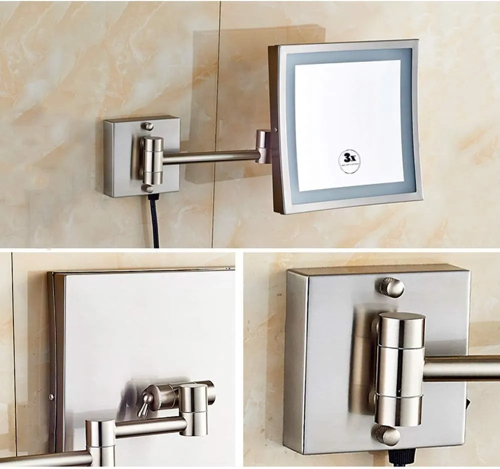 Makeup Mirror Bathroom Stainless Steel Brushed Foldable Telescopic 360 Degree Rotation 3X Magnifying Square HD Mirror(Warm Light)