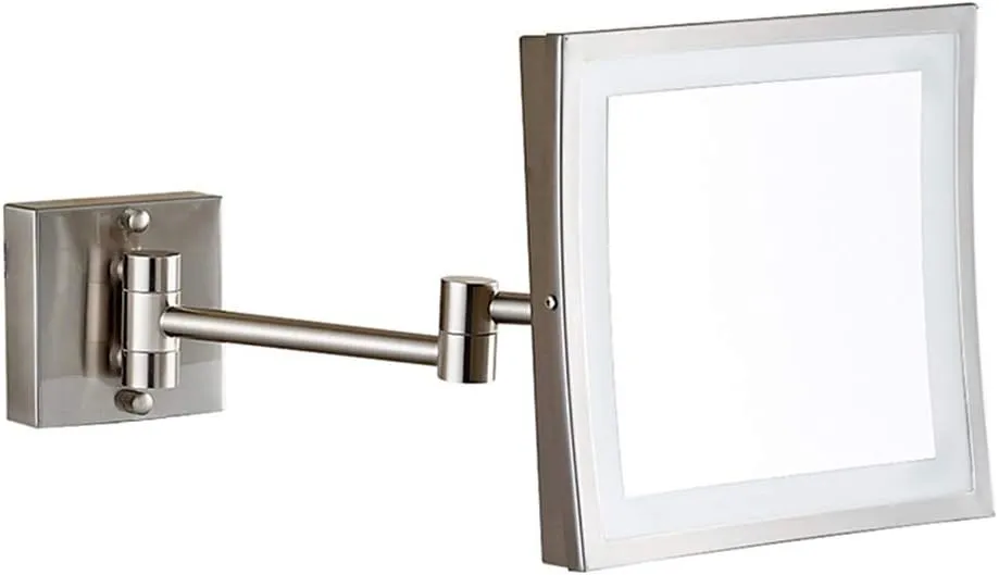 Makeup Mirror Bathroom Stainless Steel Brushed Foldable Telescopic 360 Degree Rotation 3X Magnifying Square HD Mirror(Warm Light)