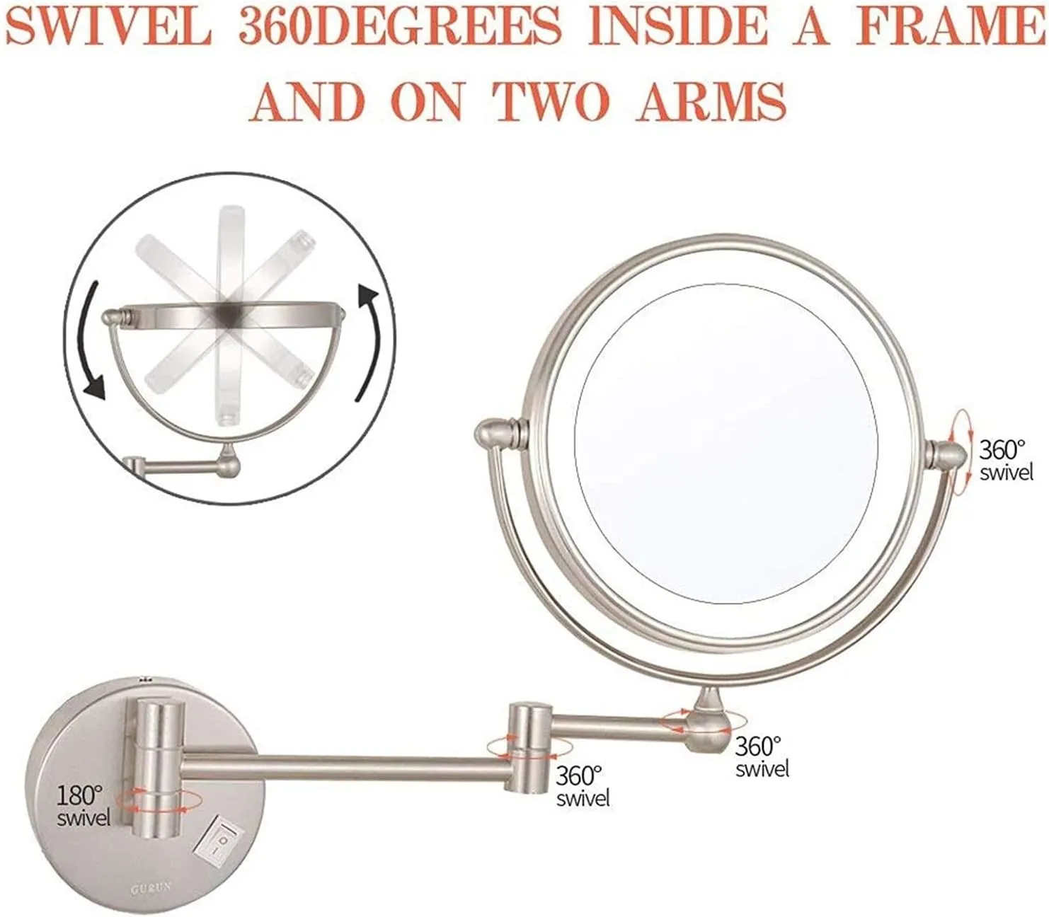 Makeup Mirror with LED Light Bathroom Extendable Wall-Mounted Vanity Shaving Mirror with Switch Plug(Nickel,5X)