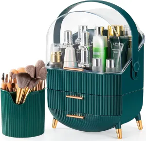 Makeup Storage Organizer Makeup Brush Holder，Clear Cover Cosmetic Display Case with Two Tier Storage Box and Brush Storage Box, SkinCare Organizers for Bathroom Countertop (02-Green)