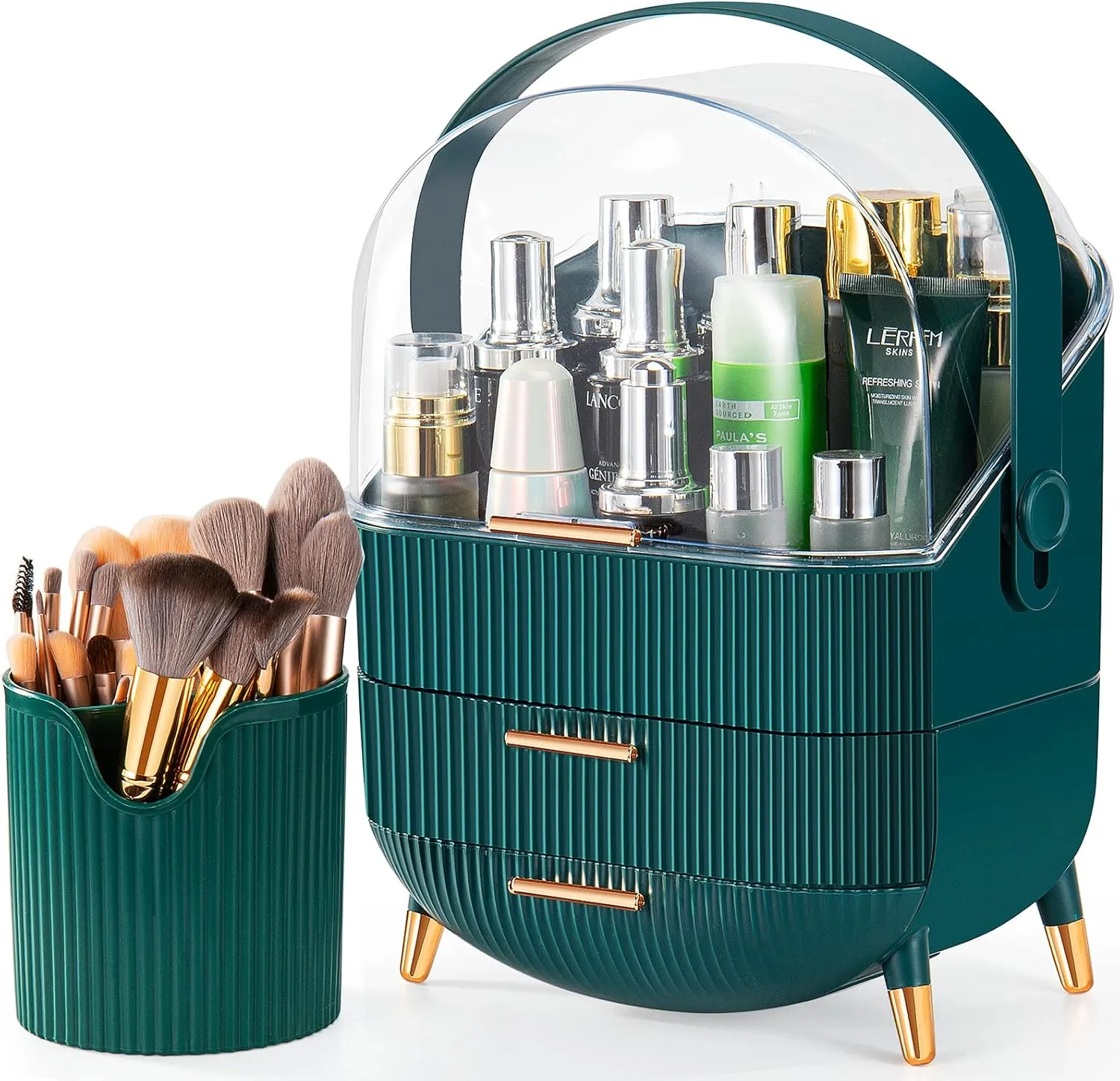 Makeup Storage Organizer Makeup Brush Holder，Clear Cover Cosmetic Display Case with Two Tier Storage Box and Brush Storage Box, SkinCare Organizers for Bathroom Countertop (02-Green)