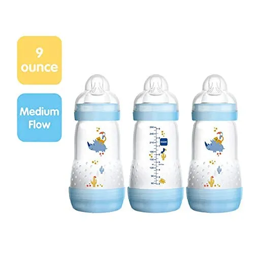 MAM 9oz Easy Start Anti-Colic Baby Bottles, Medium Flow, Breastfeeding-Like Silicone Nipple Bottle, Reduces Colic, Gas, & Reflux, Easy-to-Clean, BPA-Free, Colors May Vary