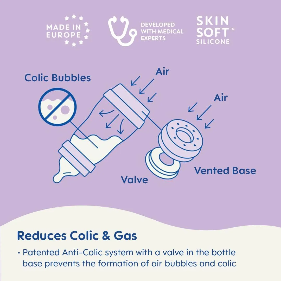 MAM 9oz Easy Start Anti-Colic Baby Bottles, Medium Flow, Breastfeeding-Like Silicone Nipple Bottle, Reduces Colic, Gas, & Reflux, Easy-to-Clean, BPA-Free, Colors May Vary