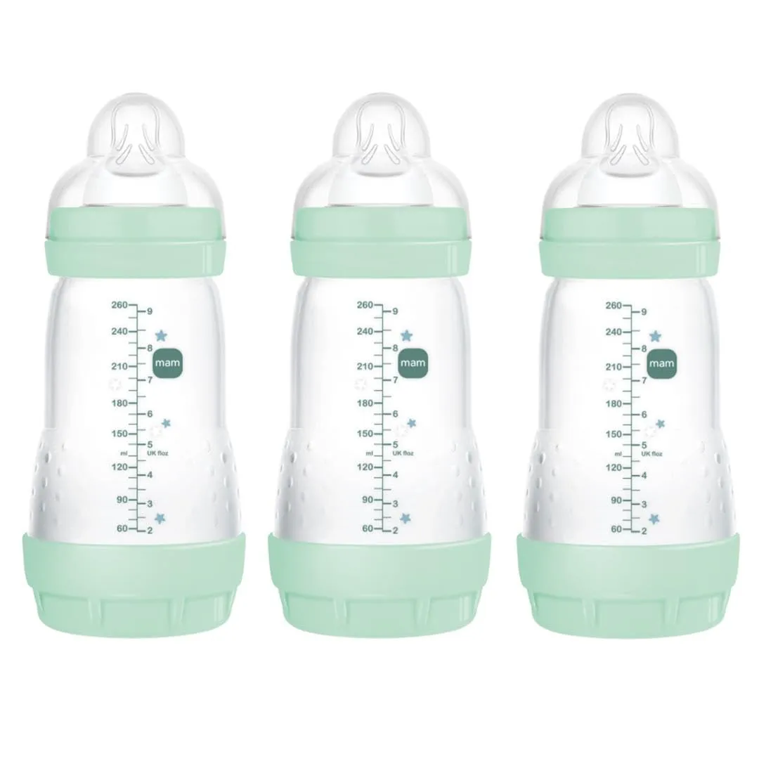 MAM 9oz Easy Start Anti-Colic Baby Bottles, Medium Flow, Breastfeeding-Like Silicone Nipple Bottle, Reduces Colic, Gas, & Reflux, Easy-to-Clean, BPA-Free, Colors May Vary
