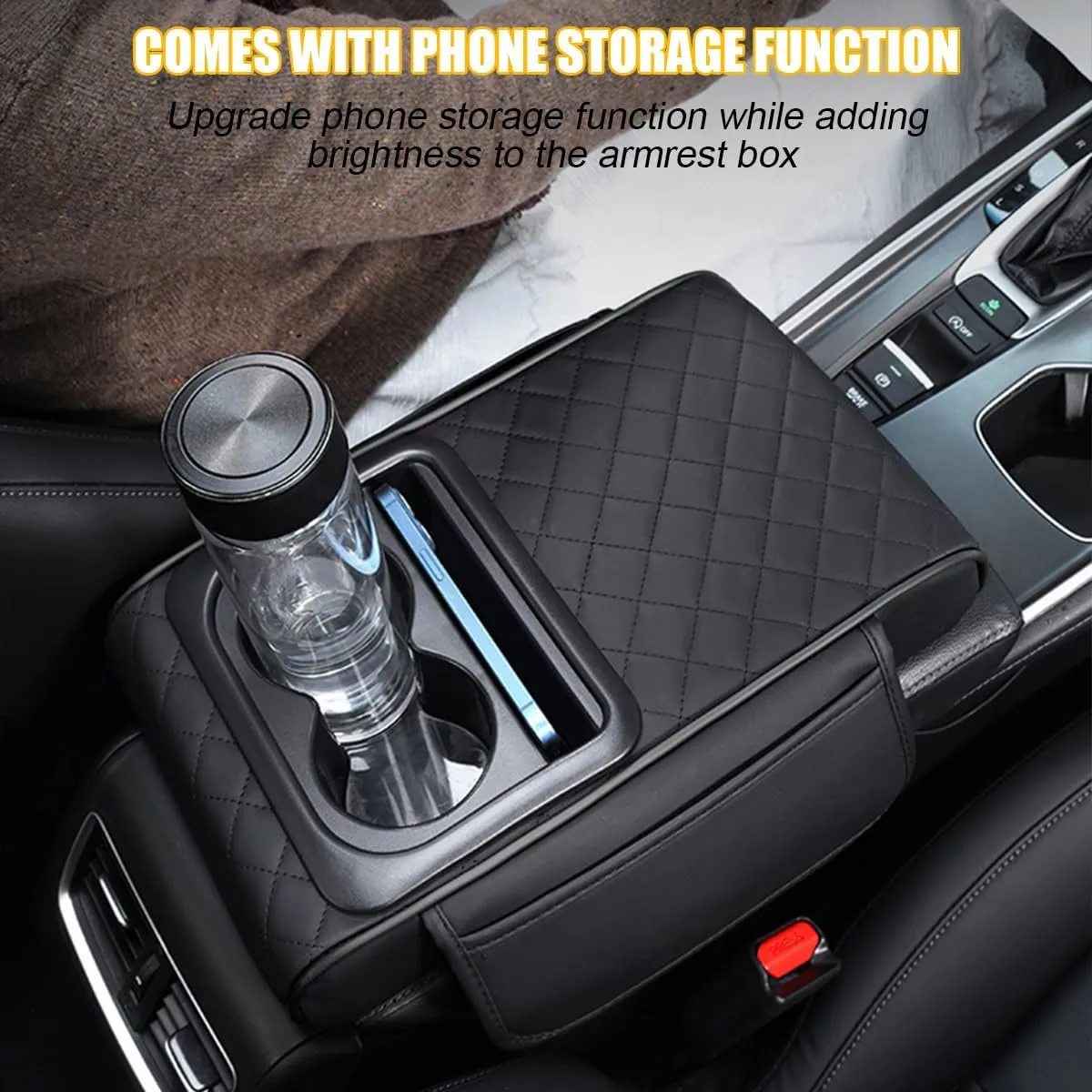 Mandark Car Center Console Armrest Pillow, Leather Memory Foam Auto Arm Rest Box Cover with Storage Bag, Waterproof Automotive Interior Elbow Protector Accessories, Universal Fit (Black)