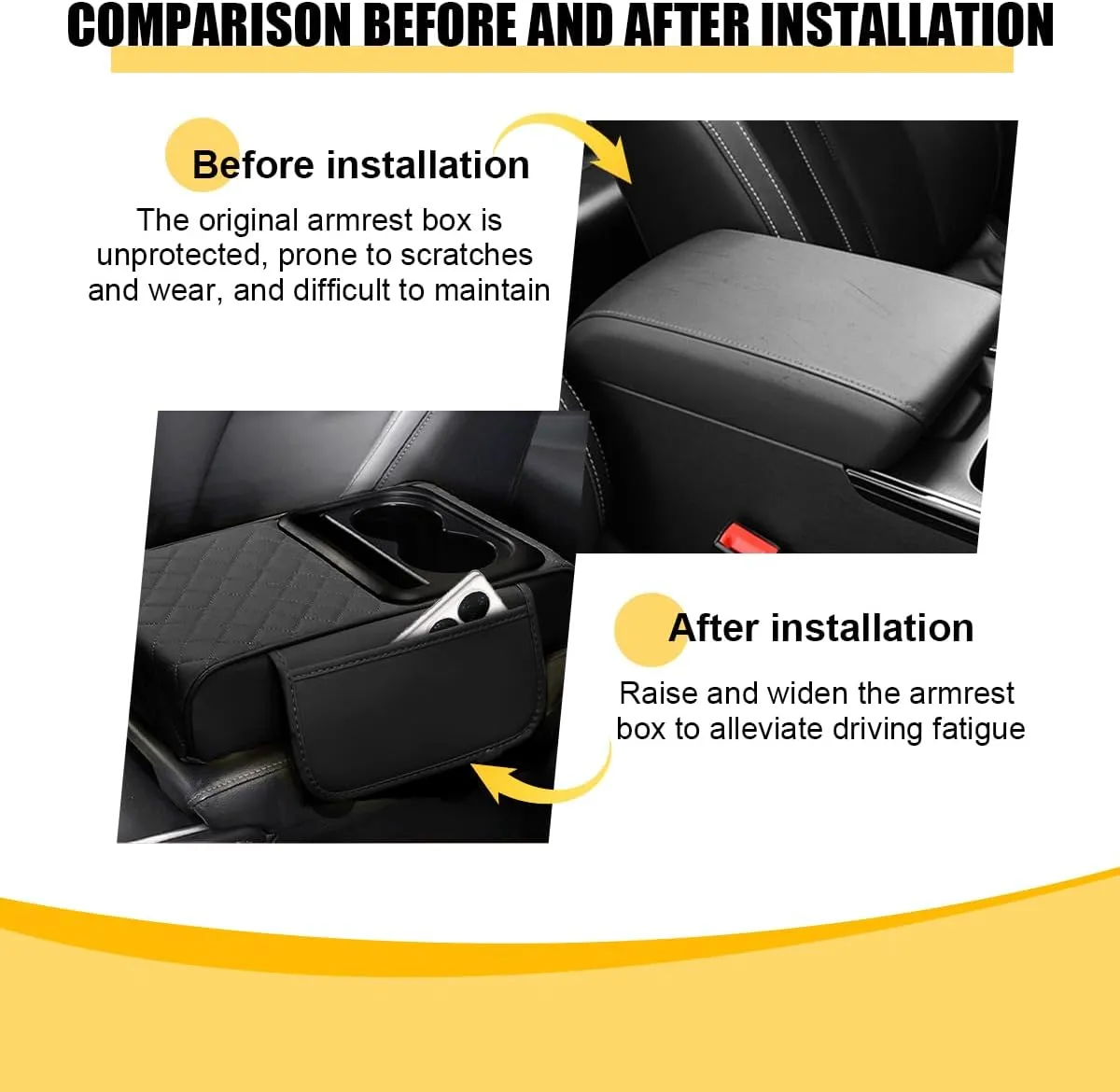 Mandark Car Center Console Armrest Pillow, Leather Memory Foam Auto Arm Rest Box Cover with Storage Bag, Waterproof Automotive Interior Elbow Protector Accessories, Universal Fit (Black)