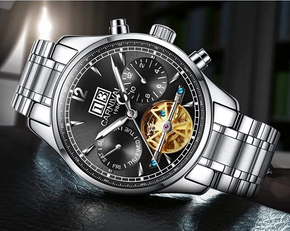 MASTOPMen's Multifunction Automatic Mechanical Watch Tourbillon Stainless Steel Business Calendar Wrist Watch
