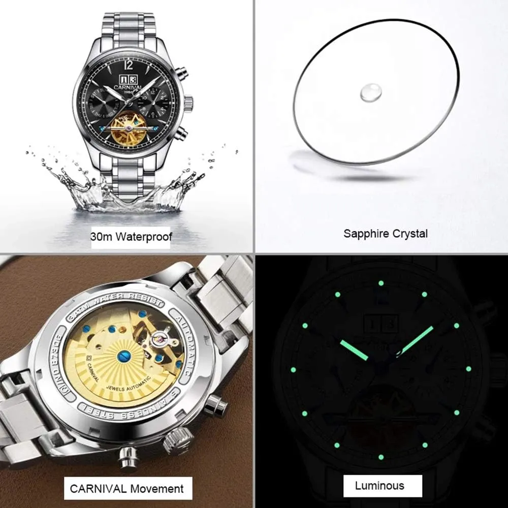MASTOPMen's Multifunction Automatic Mechanical Watch Tourbillon Stainless Steel Business Calendar Wrist Watch