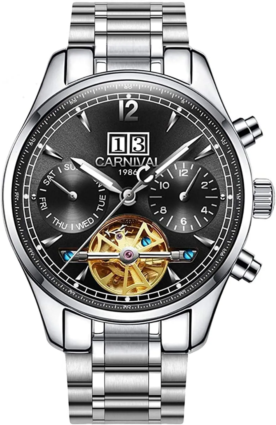 MASTOPMen's Multifunction Automatic Mechanical Watch Tourbillon Stainless Steel Business Calendar Wrist Watch