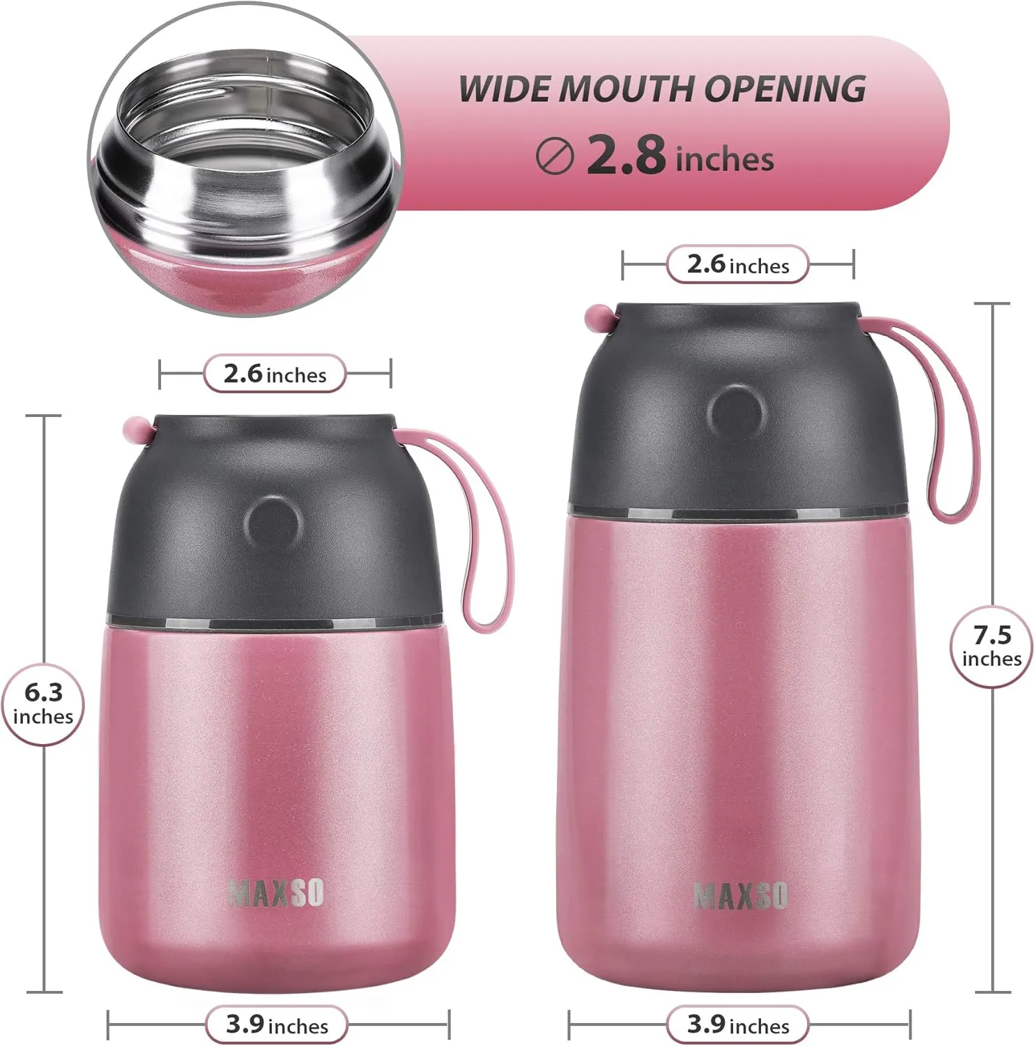 MAXSO 2 Pack Soup Thermo for Hot & Cold Food for Kids Adults, Vacuum Insulated Food Jar Thermal Lunch Containers, Travel Food Flask with Spoon (24 oz,17 oz) (Pink)