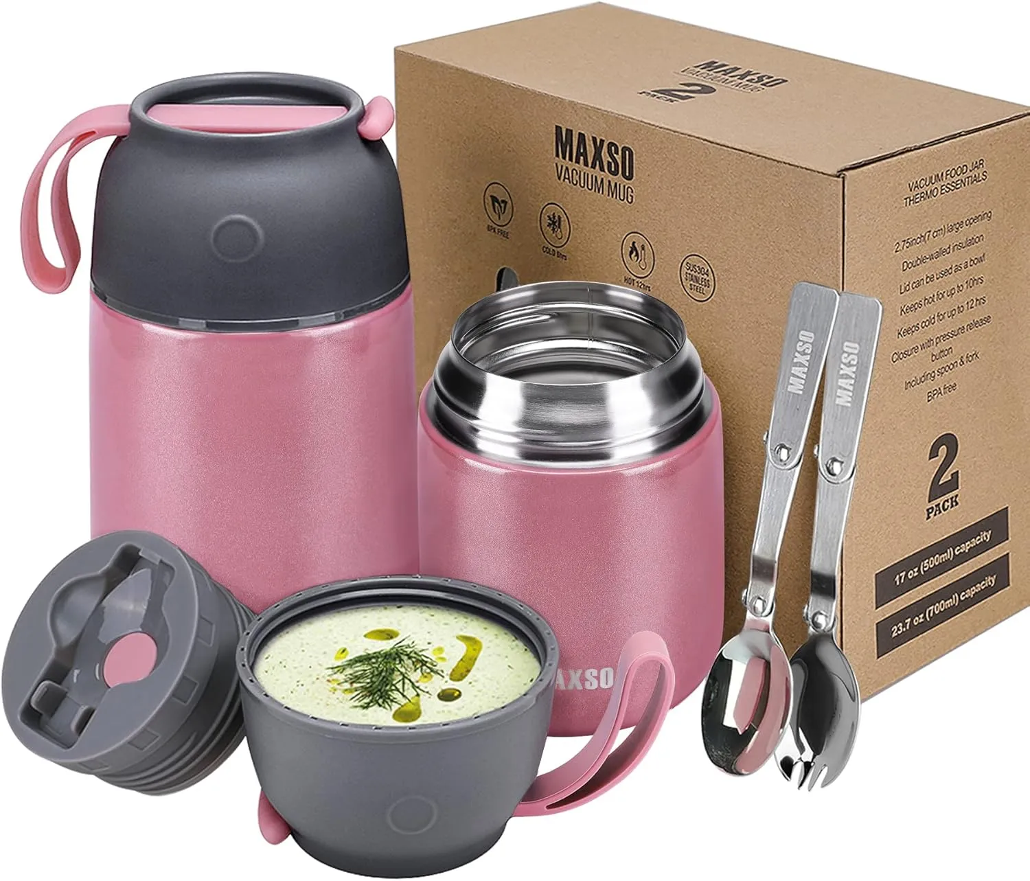 MAXSO 2 Pack Soup Thermo for Hot & Cold Food for Kids Adults, Vacuum Insulated Food Jar Thermal Lunch Containers, Travel Food Flask with Spoon (24 oz,17 oz) (Pink)