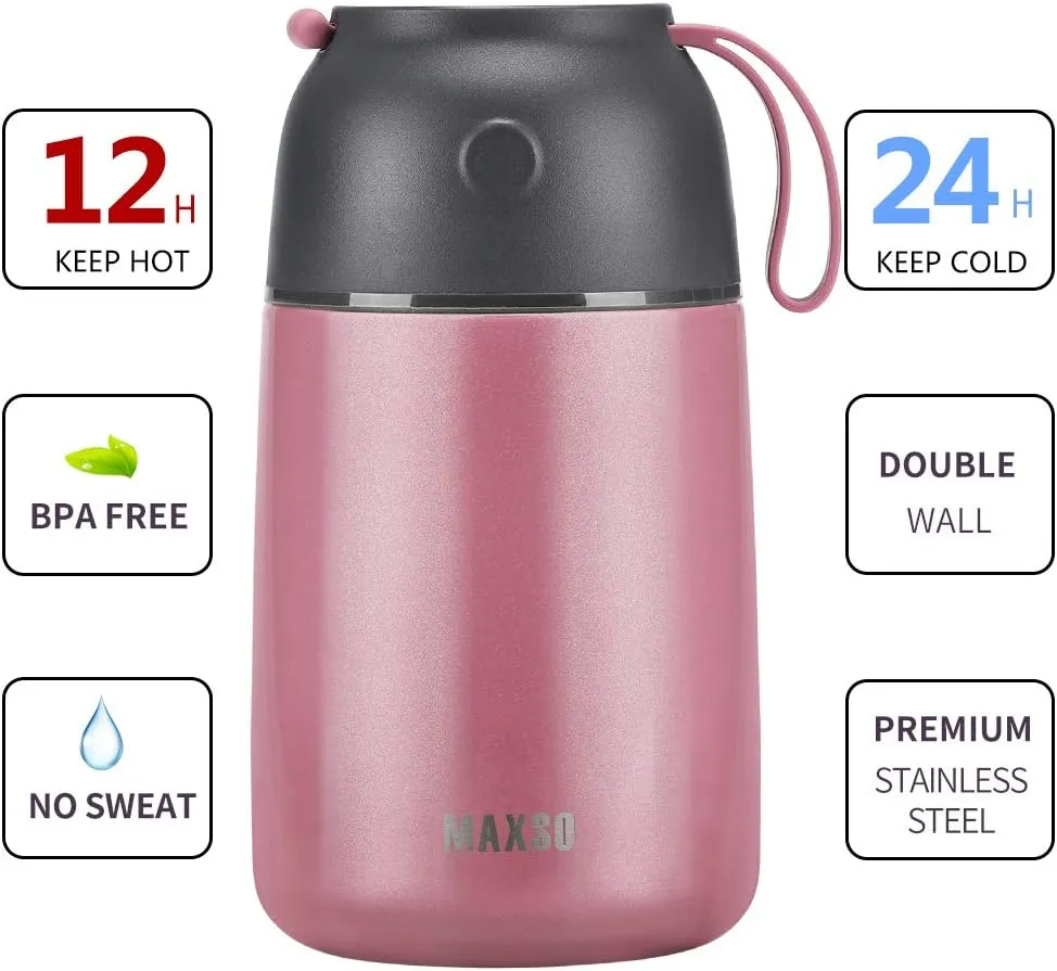 MAXSO 2 Pack Soup Thermo for Hot & Cold Food for Kids Adults, Vacuum Insulated Food Jar Thermal Lunch Containers, Travel Food Flask with Spoon (24 oz,17 oz) (Pink)