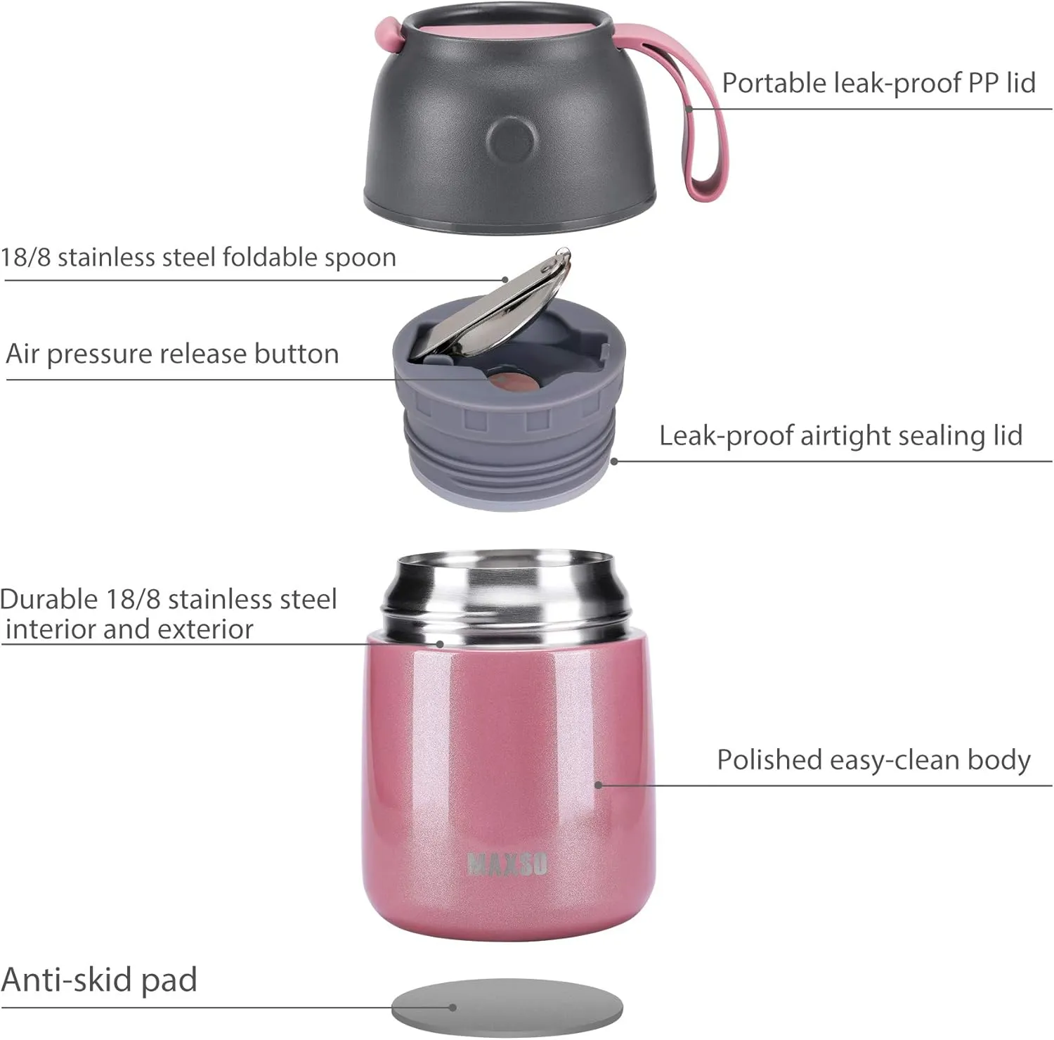 MAXSO 2 Pack Soup Thermo for Hot & Cold Food for Kids Adults, Vacuum Insulated Food Jar Thermal Lunch Containers, Travel Food Flask with Spoon (24 oz,17 oz) (Pink)