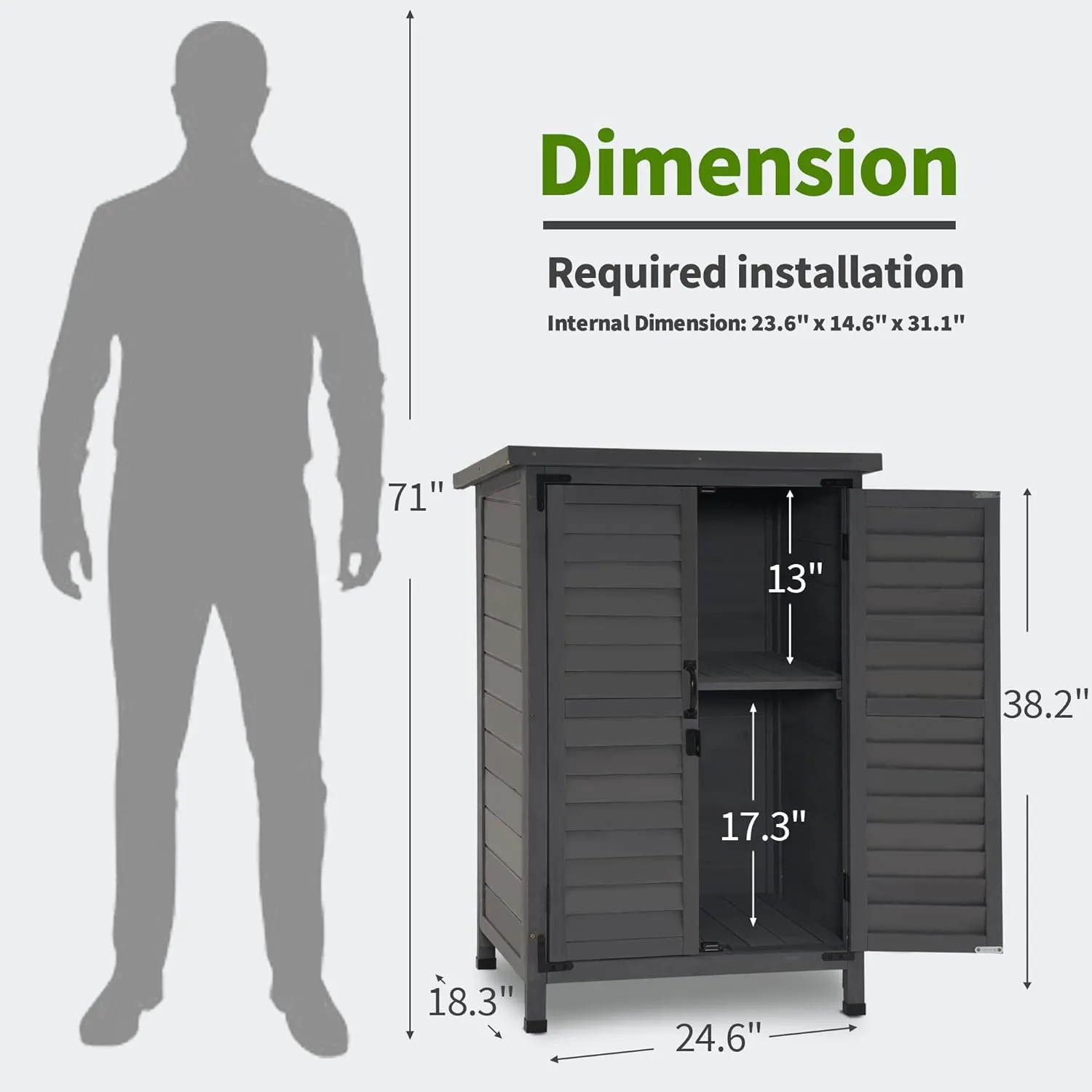 MCombo Outdoor Storage Cabinet, Small Storage Shed with Removable Shelf, Wood Garden Shed with 2 Doors for Yard Patio Lawn (24.6 x 18.3 x 38.2 inch) 0985 (Grey)