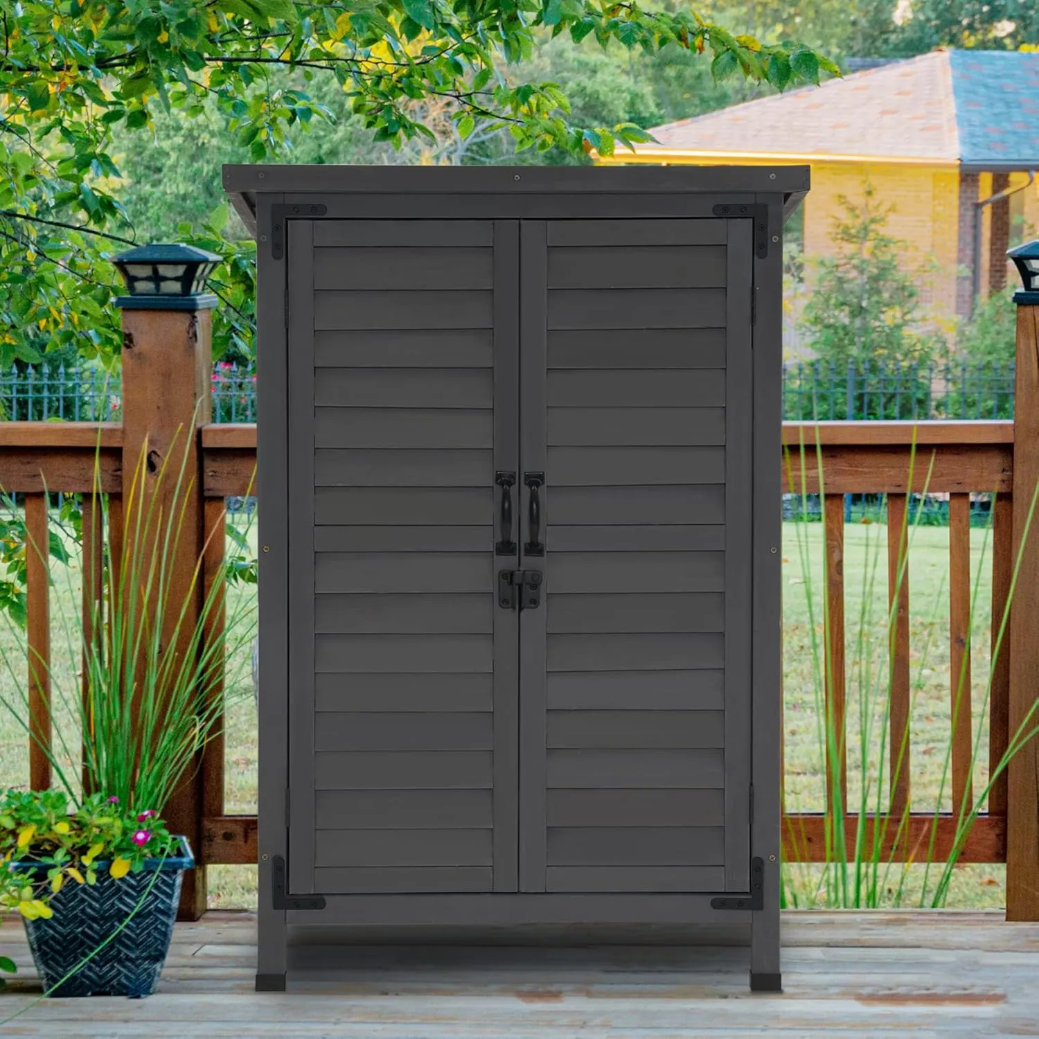MCombo Outdoor Storage Cabinet, Small Storage Shed with Removable Shelf, Wood Garden Shed with 2 Doors for Yard Patio Lawn (24.6 x 18.3 x 38.2 inch) 0985 (Grey)