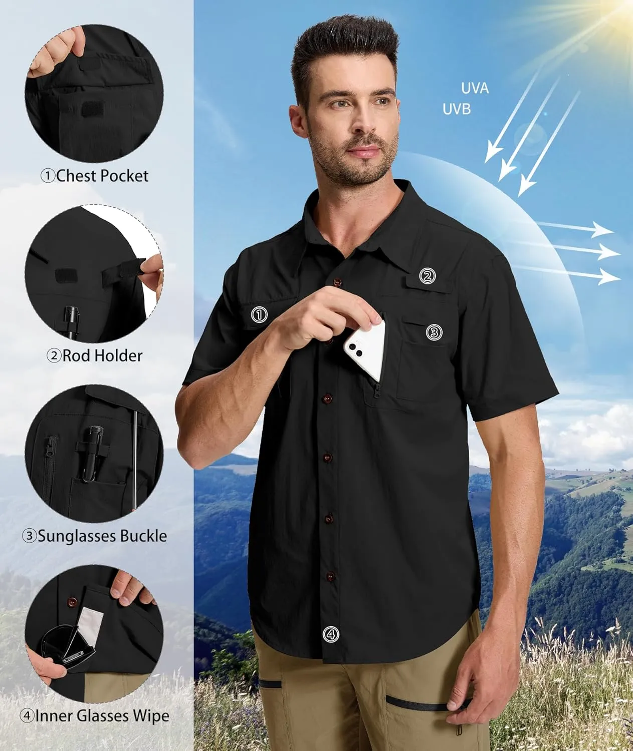 Men's Fishing Shirt Sun Protection Short Sleeve Cooling Button Down Shirts for Hiking Travel