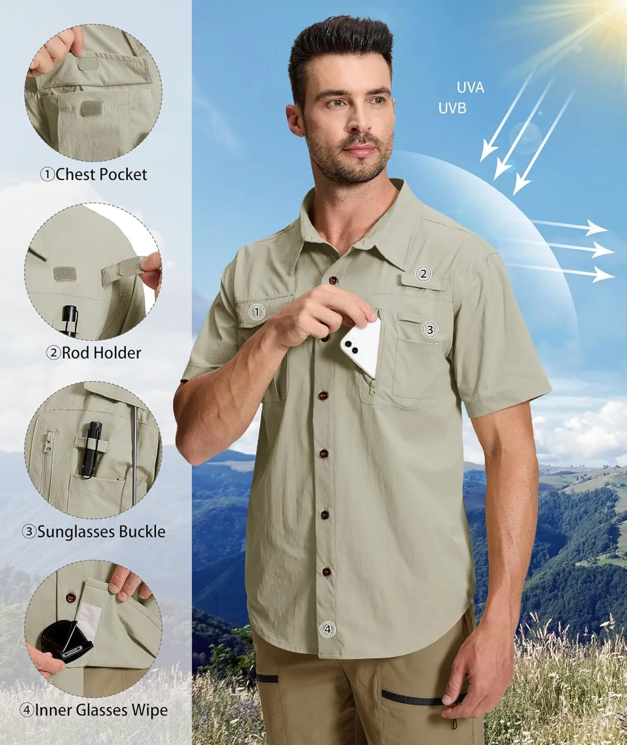 Men's Fishing Shirt Sun Protection Short Sleeve Cooling Button Down Shirts for Hiking Travel