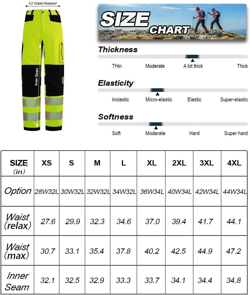 Mens High Visibility Work Pants Reflective Safety Pants Waterproof Rain Pants Stretchy Ripstop Cargo Pants Outdoor