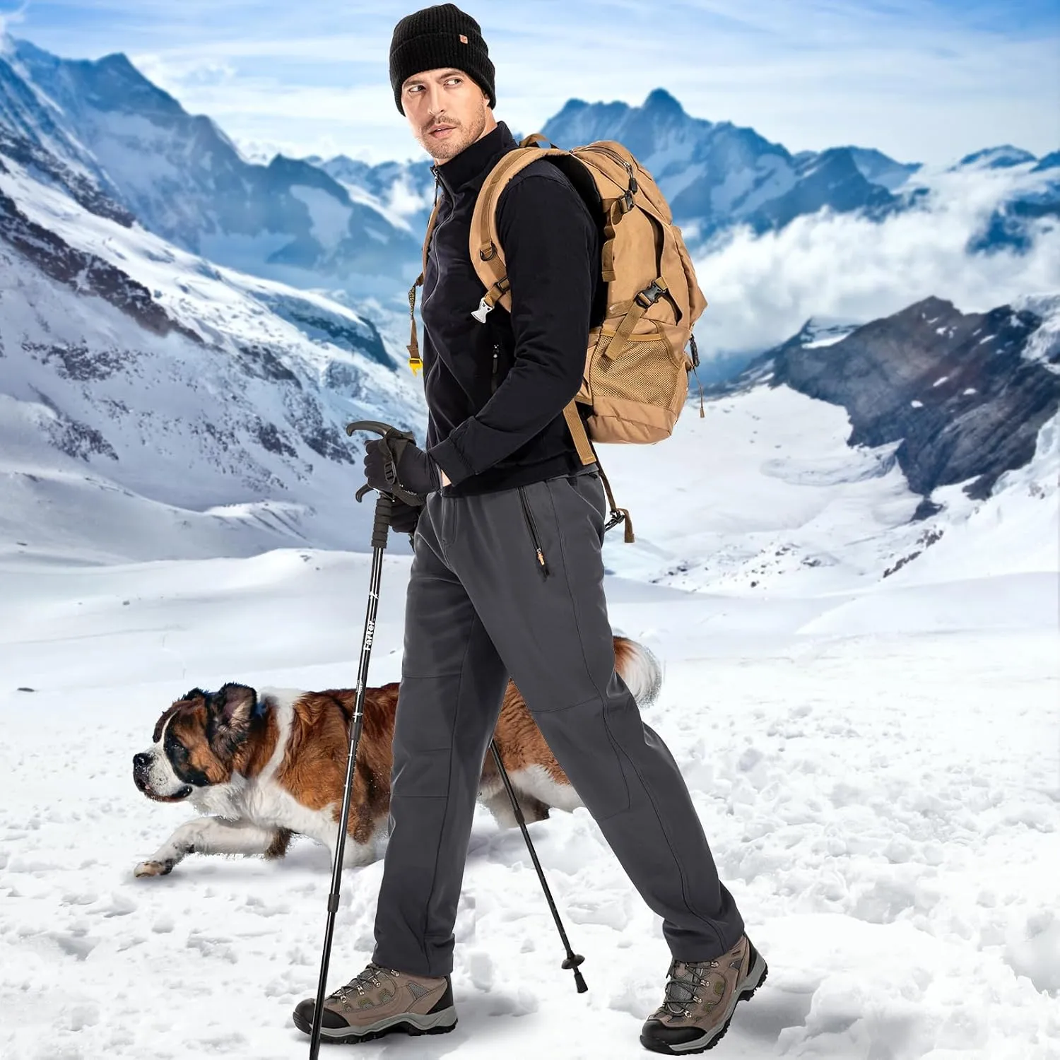 Men's hiking Snow Pants Skiing Winter Insulated Fleece lined Outdoor Water Trousers for Camping, Walking, Fishing