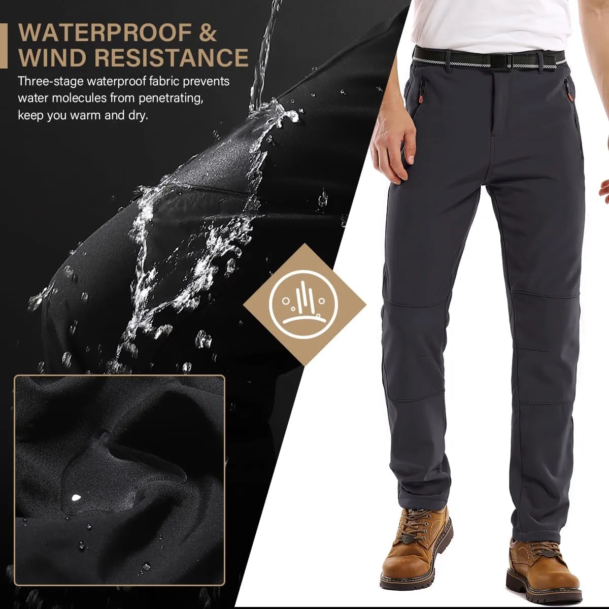 Men's hiking Snow Pants Skiing Winter Insulated Fleece lined Outdoor Water Trousers for Camping, Walking, Fishing