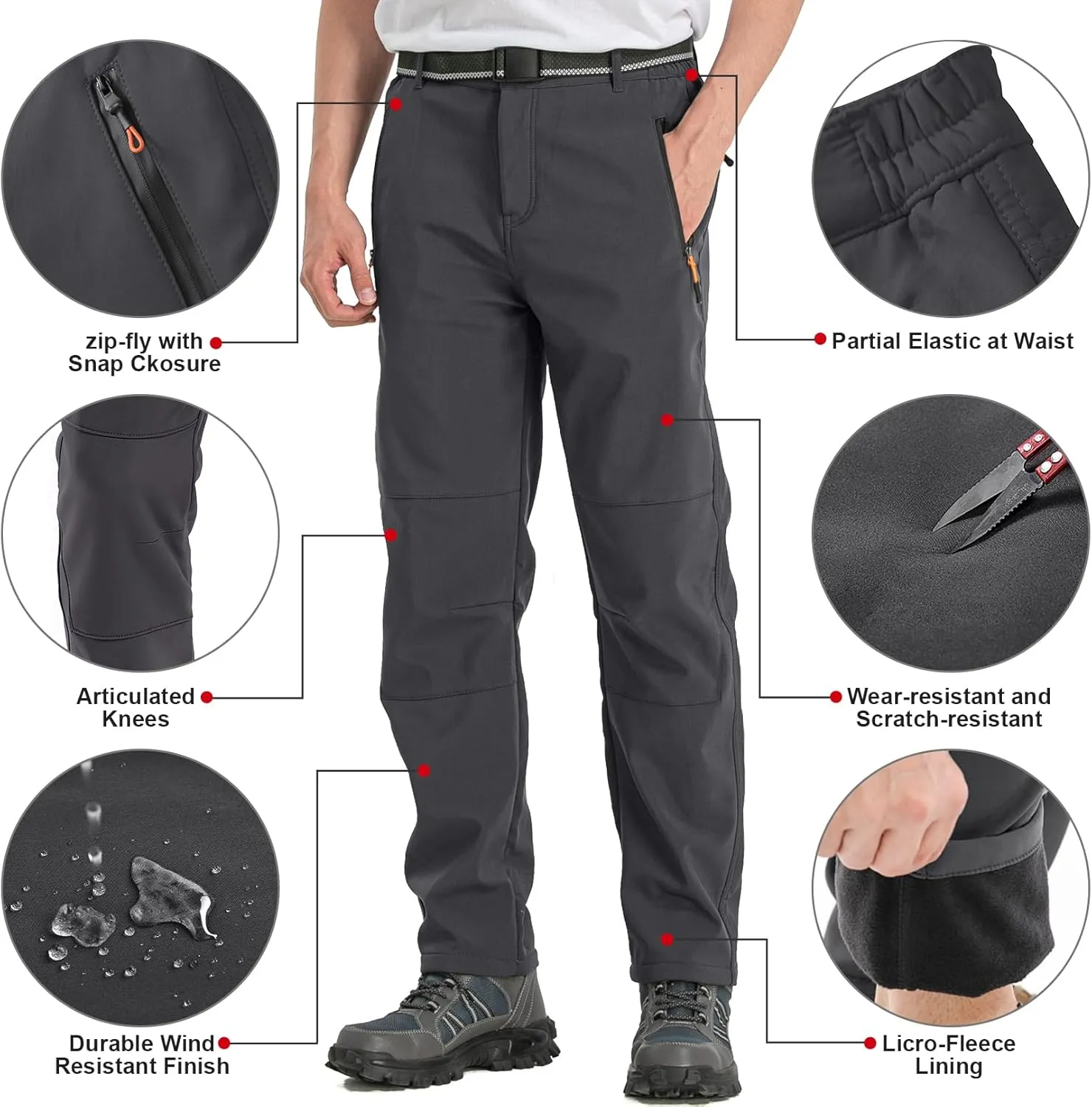 Men's hiking Snow Pants Skiing Winter Insulated Fleece lined Outdoor Water Trousers for Camping, Walking, Fishing