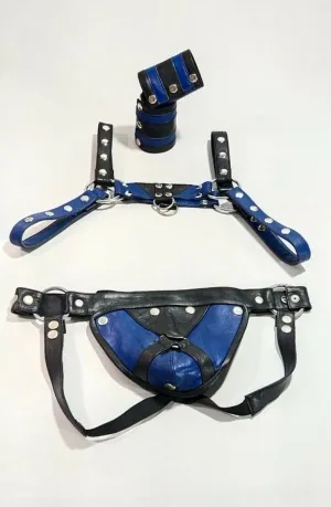 Men’s Leather Harness Jockstrap Set – Blue & Black, Adjustable Fit