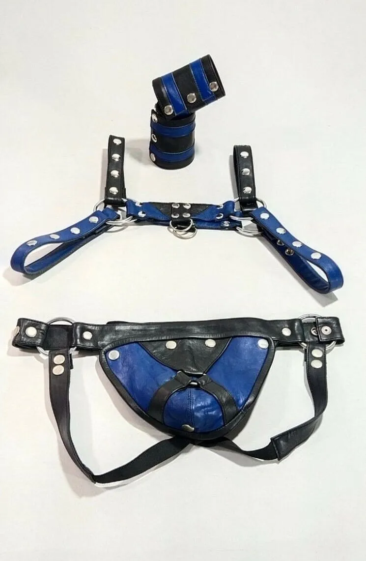 Men’s Leather Harness Jockstrap Set – Blue & Black, Adjustable Fit