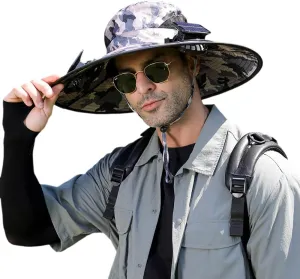 Men's Solar Cooling Hat - Wide-Brimmed Visor with 2 Fans, Waterproof Fishing hat with Built-in Solar Panel.