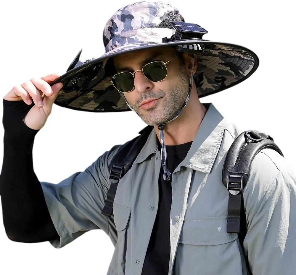 Men's Solar Cooling Hat - Wide-Brimmed Visor with 2 Fans, Waterproof Fishing hat with Built-in Solar Panel.