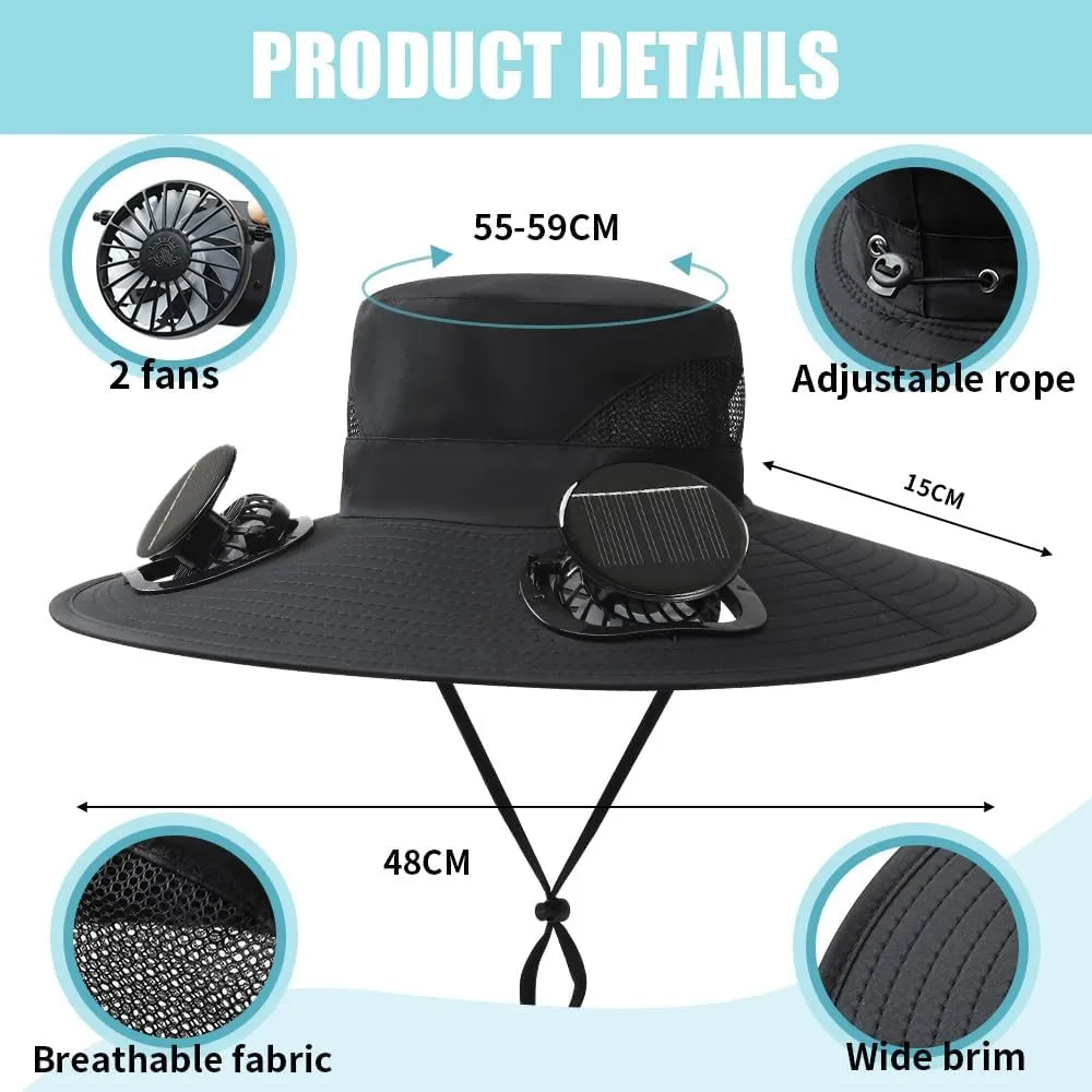 Men's Solar Cooling Hat - Wide-Brimmed Visor with 2 Fans, Waterproof Fishing hat with Built-in Solar Panel.