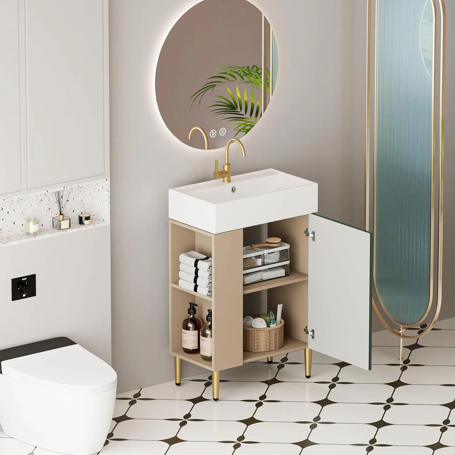 Merax 20 Inch Bathroom Vanity with Sink, Narrow Depth Bathroom Vanities,Wood Vanity Cabinet,Soft Closing Door,Freestanding Sink Cabinet W/Open Side Shelves, Dark Green