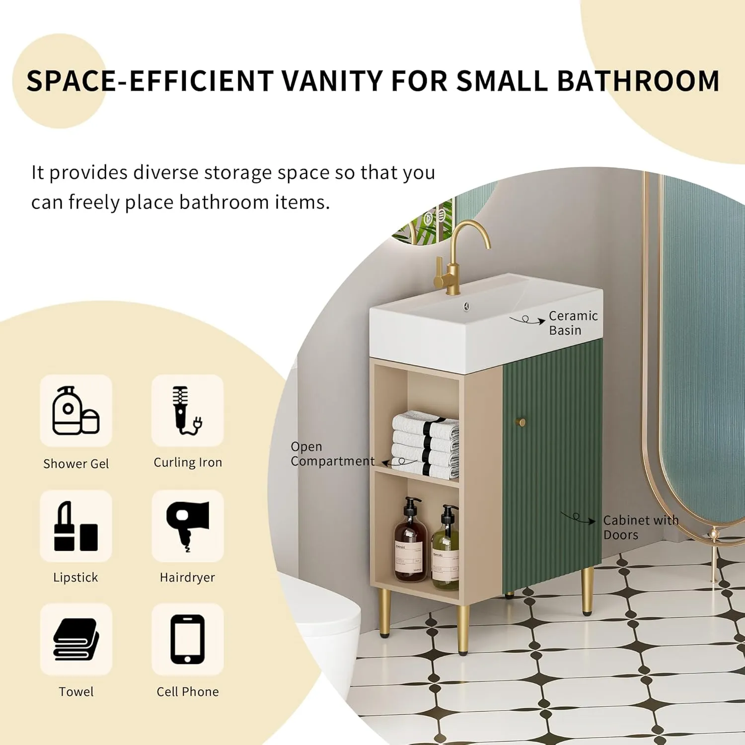Merax 20 Inch Bathroom Vanity with Sink, Narrow Depth Bathroom Vanities,Wood Vanity Cabinet,Soft Closing Door,Freestanding Sink Cabinet W/Open Side Shelves, Dark Green