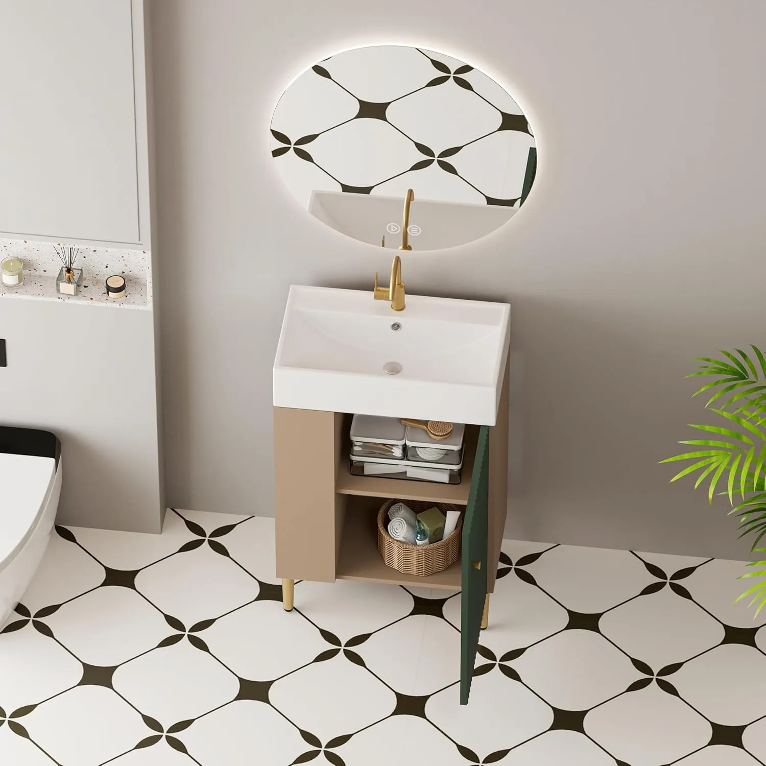 Merax 20 Inch Bathroom Vanity with Sink, Narrow Depth Bathroom Vanities,Wood Vanity Cabinet,Soft Closing Door,Freestanding Sink Cabinet W/Open Side Shelves, Dark Green